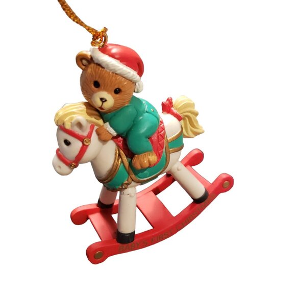 Boxed Vintage 1993 “Baby’s First Christmas” Bear on Rocking Horse Ornament - Picture 1 of 13